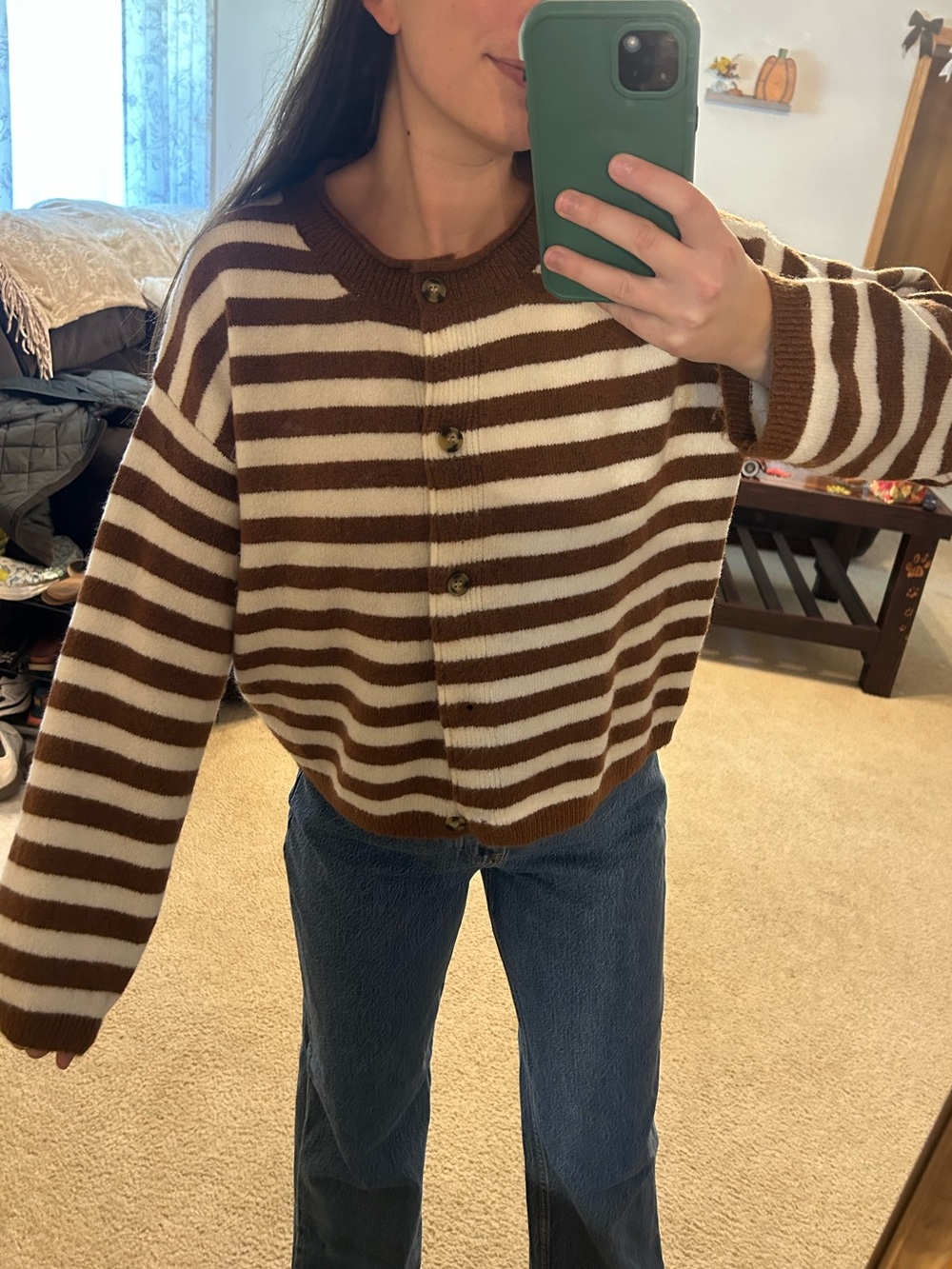 Altar'd State Burnt Orange & Cream Striped Button-Front Cardigan